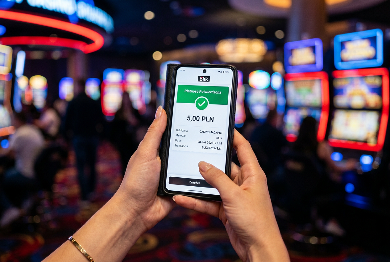 Modern smartphone displaying a BLIK payment confirmation in a casino app environment