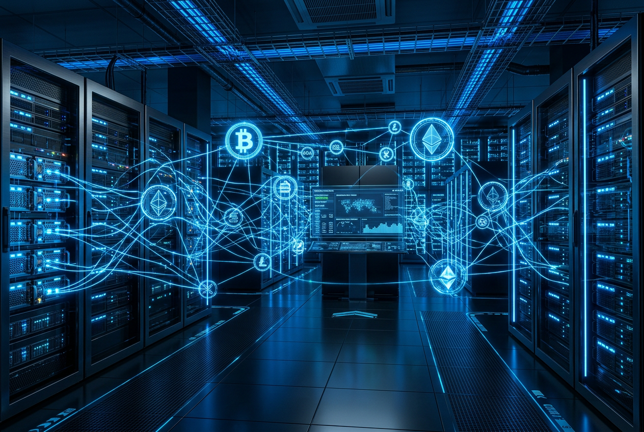 Nowoczesne centrum danych blockchain obsługujące transakcje w krypto kasynie