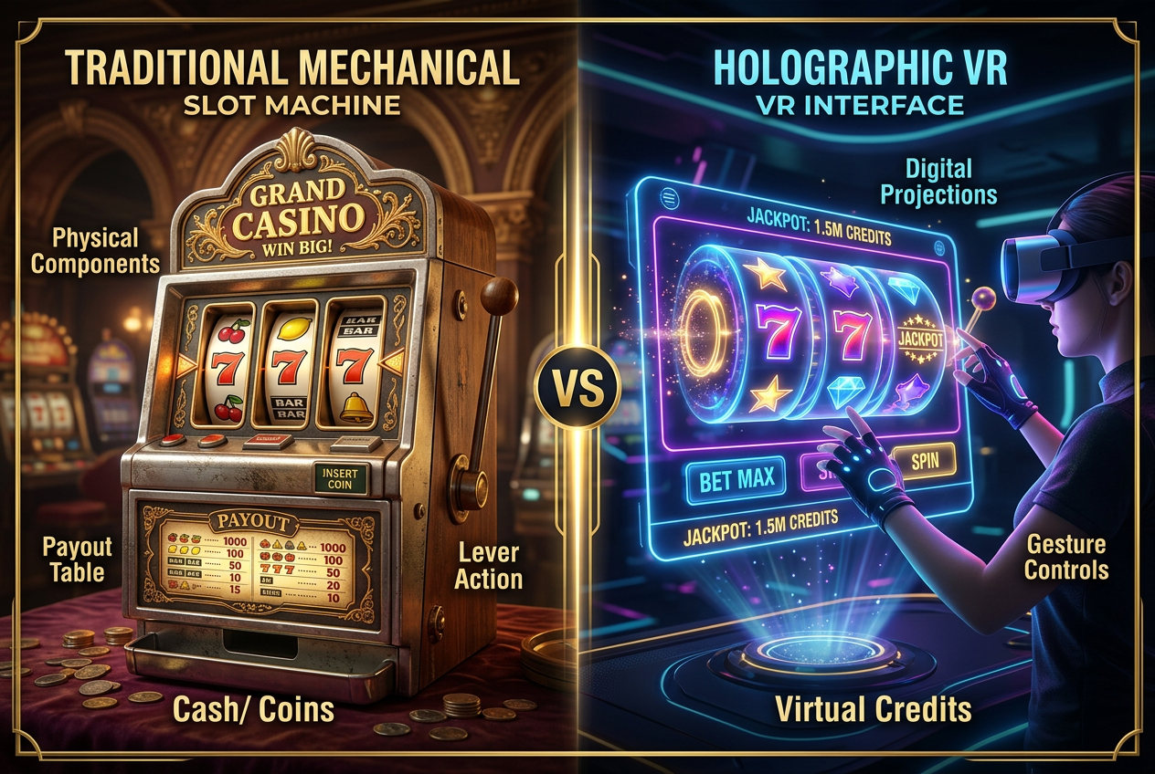Comparison between traditional and futuristic casino interfaces with neon lighting and gold accents