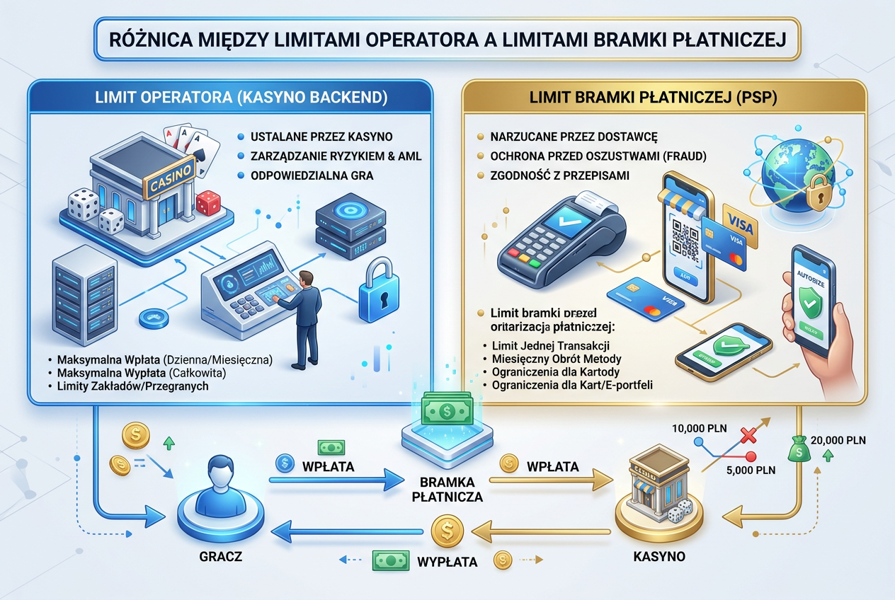 Infografika porównująca rodzaje limitów w kasynach online: operatora i bramki płatniczej
