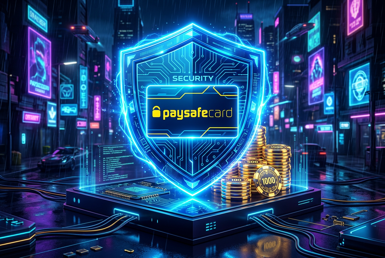 Abstrakcyjna wizualizacja cyberbezpieczeństwa z cyfrową tarczą chroniącą logo Paysafecard.