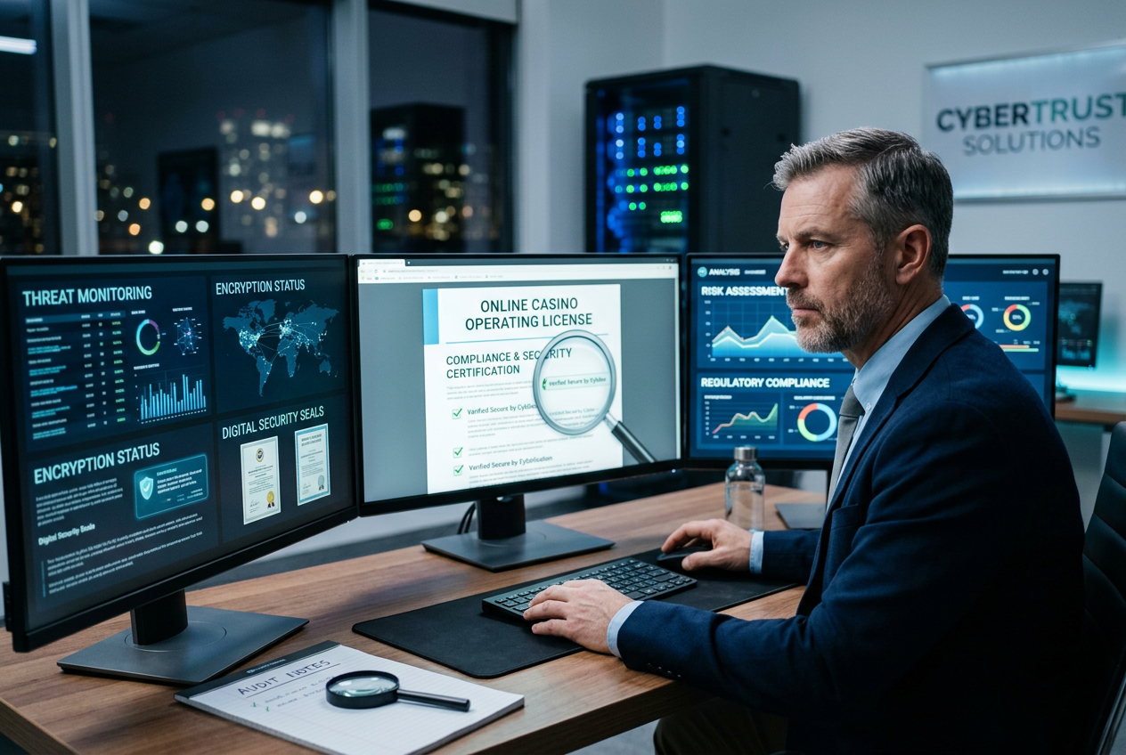 Expert auditor reviewing online casino license and security certificates on professional monitors