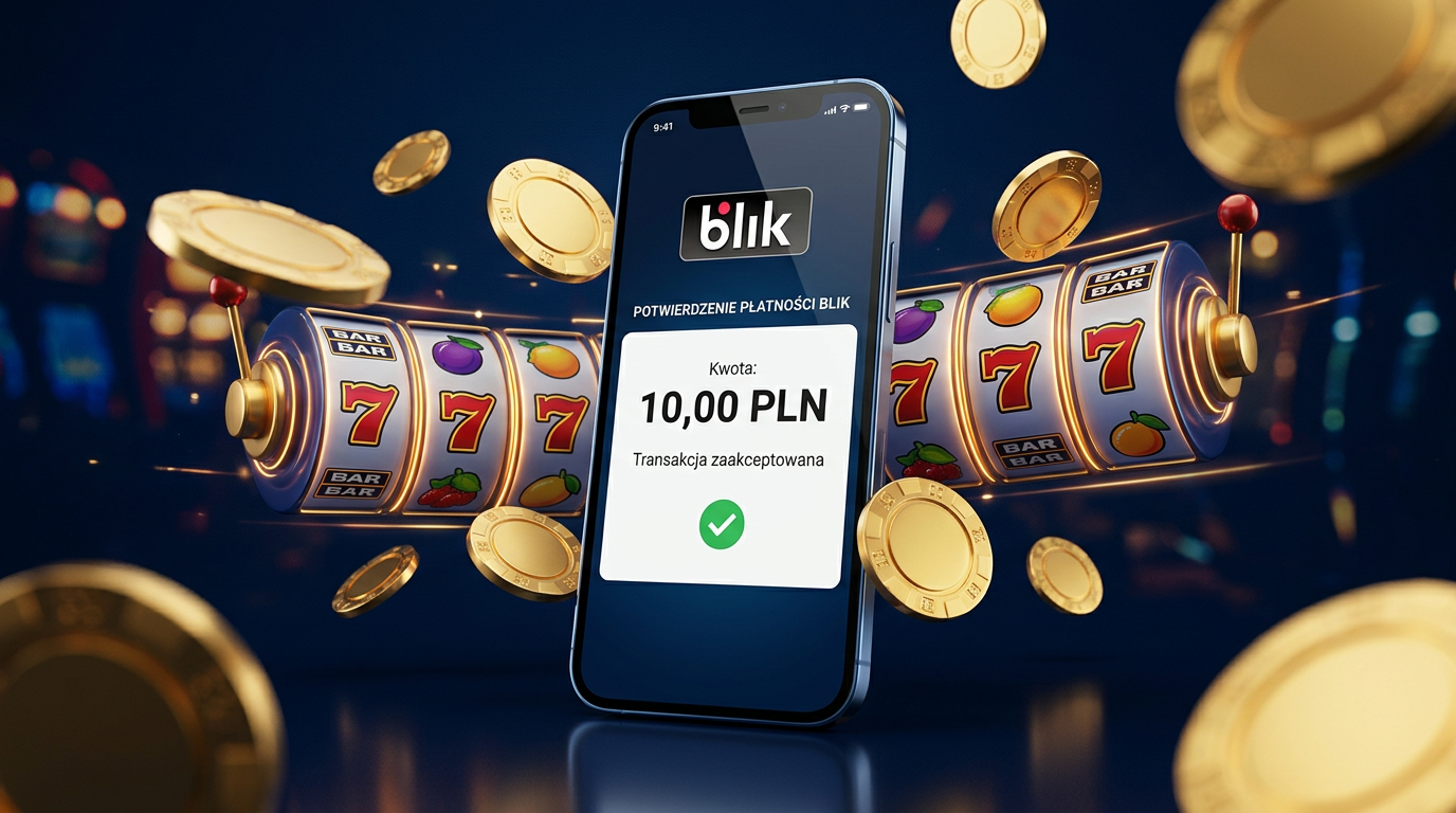 Smartfon z aplikacją BLIK i informacją o depozycie 10 PLN w otoczeniu żetonów kasynowych