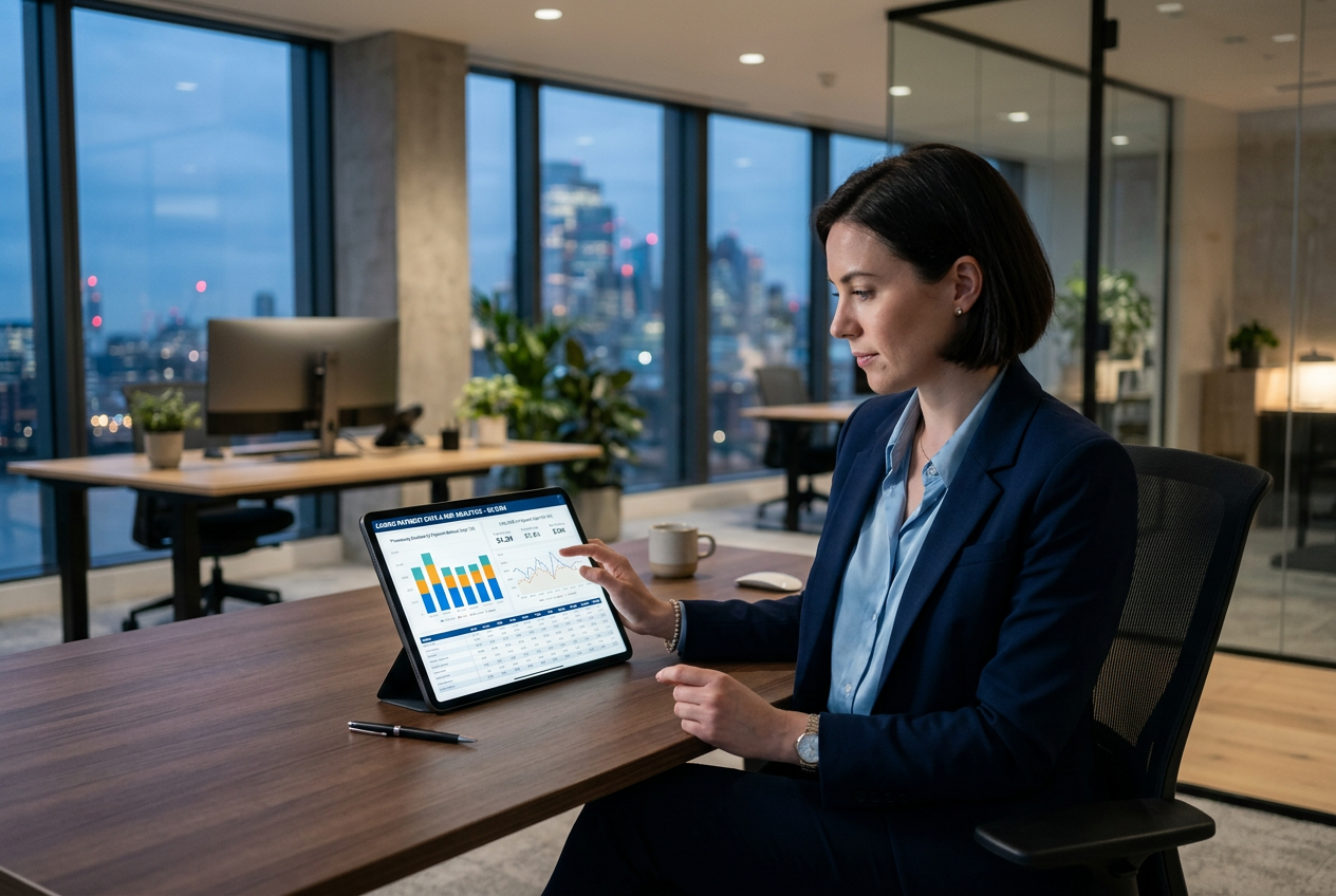 Professional financial analyst reviewing payment data on a tablet in a modern office