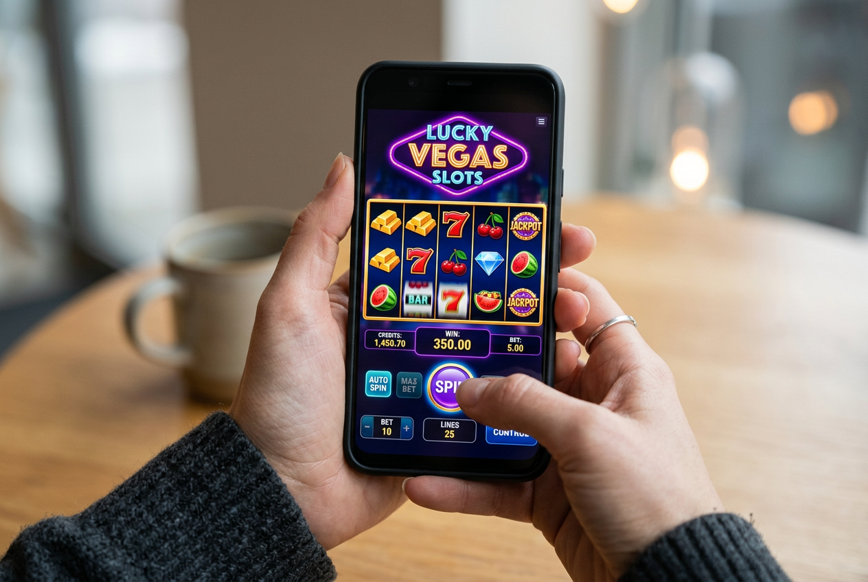 Osoba grająca na smartfonie w nowoczesny slot w trybie pionowym