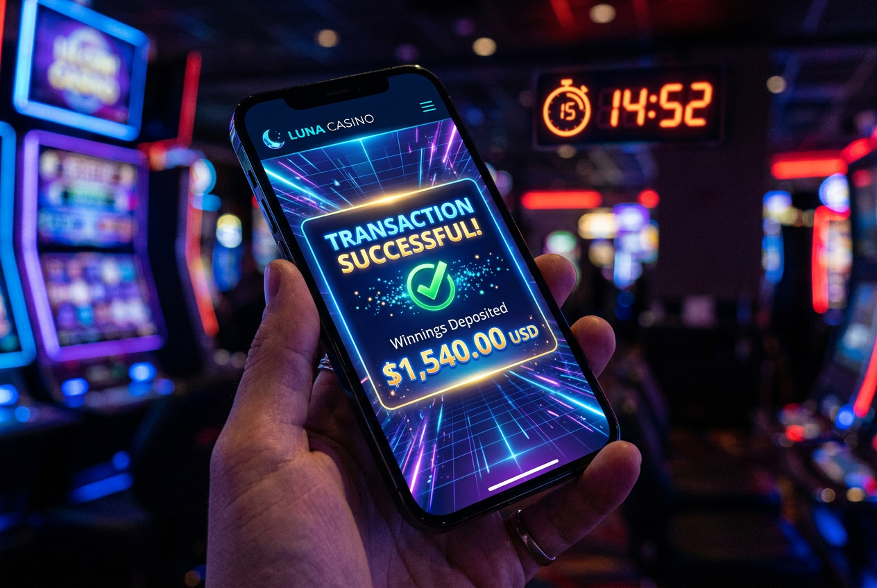 Smartfon z powiadomieniem o pomyślnej natychmiastowej wypłacie z kasyna